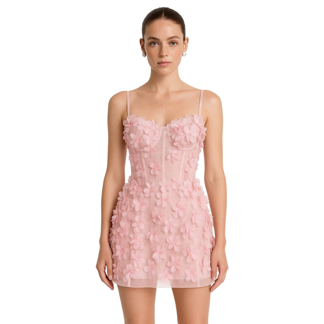 LIGHT PINK FLORAL APPLIQUÉ MINI DRESS